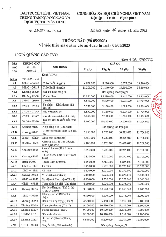 Báo giá quảng cáo TVC trên VTV trang 1